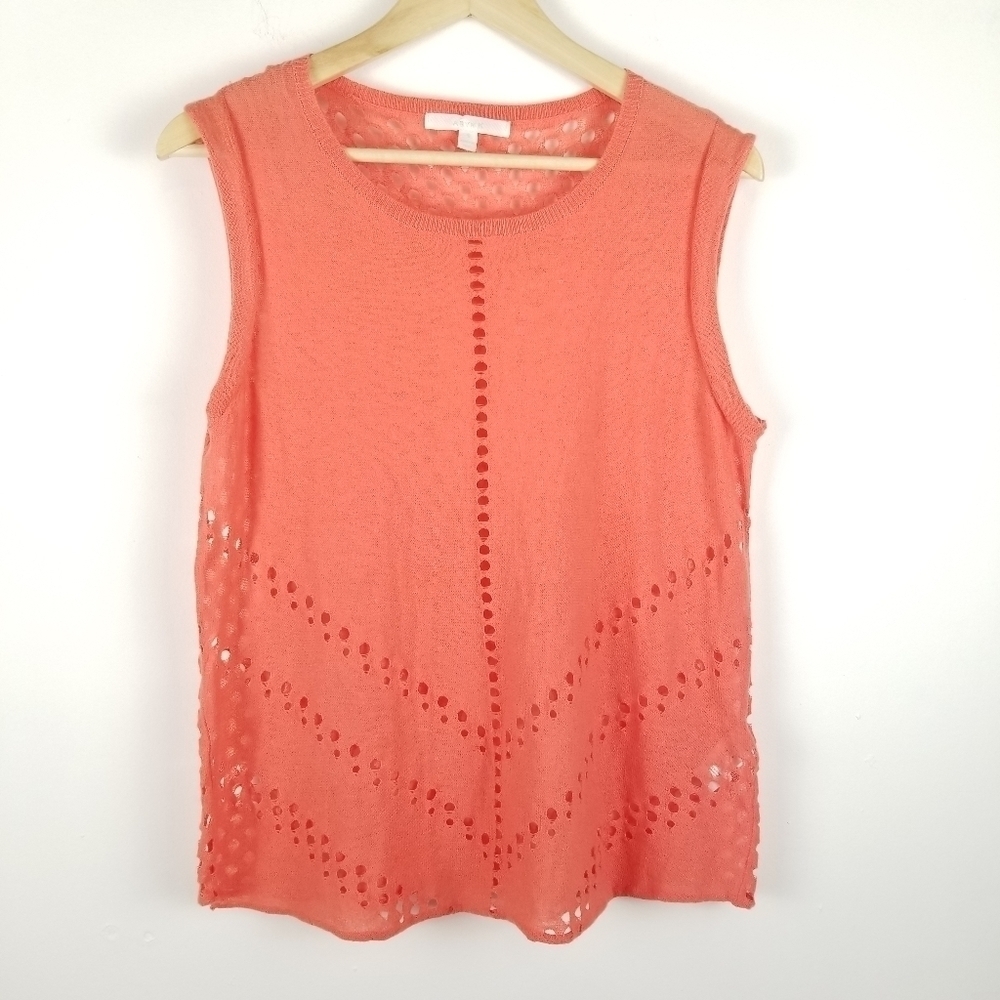 Aryn K Coral Small knit Sleeveless Tank Sweater open‎ knit trending color sheer